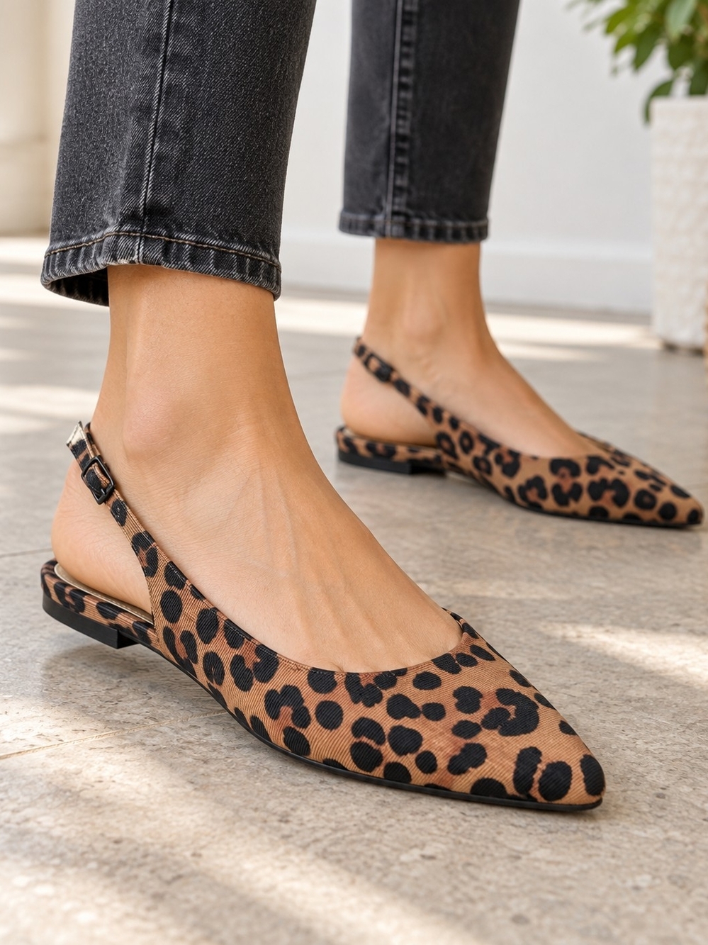 Life Stride Leopard Print Pointed Slingback Flats in Tan and Black